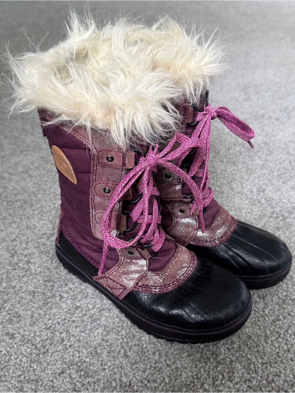 Sorel Girl's Purple Metallic Tofino II Faux Fur Mid Calf Waterproof Boot Size 2